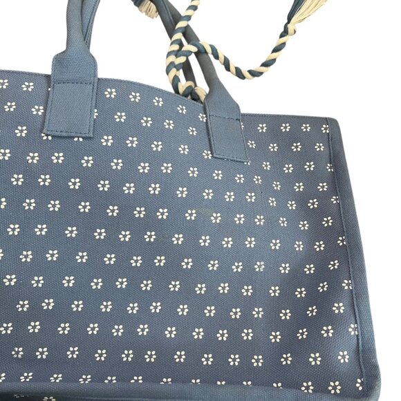 J. Crew Floral Chambray Canvas Structured Tote Blue Boho Coastal Beach Picnic - Picture 14 of 16